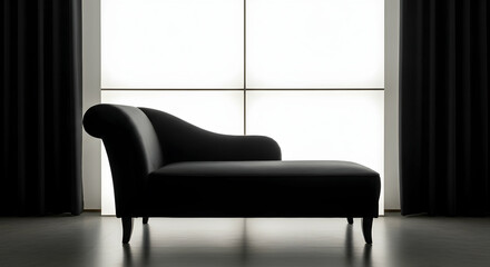 Elegant Black Chaise Lounge Against a Brightly Lit Window in a Minimalist Setting