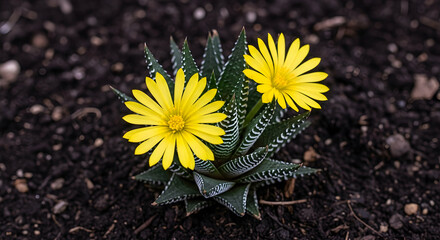 Striking Contrast: Yellow Flowers Flourishing Beside a Zebra Plant