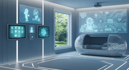 Futuristic Relaxation Pod With Display Screens In A High Tech Living Space