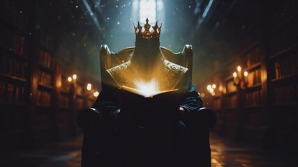 Seamless looping animation of a crowned figure reading a glowing book on a throne in a dark, atmospheric library. mysterious ambiance.  
 - Powered by Adobe