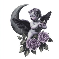 Vintage cupid roses background purple.