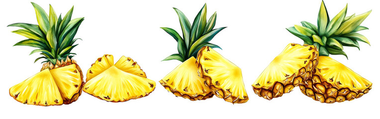 Three Pineapples Watercolor Painting, Cut and Whole, Isolated on Transparent Background, Tropical Fruit Illustration, Pineapple, Watercolor, Illustration