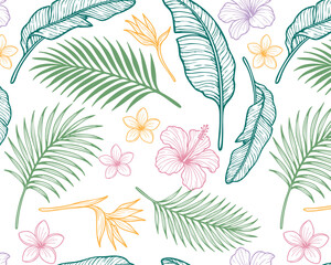 Tropical seamless pattern with palm leaves, banana leaves, hibiscus and plumeria flowers. Colorful botanical design on white background, ideal for summer textiles and wallpapers. Vector illustration © Svetlana