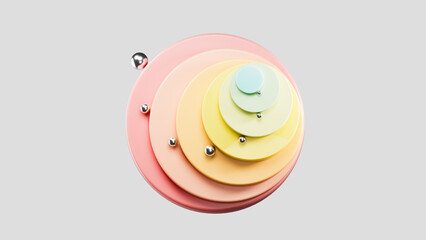 Pastel concentric circles creating visual hierarchy with metallic spheres