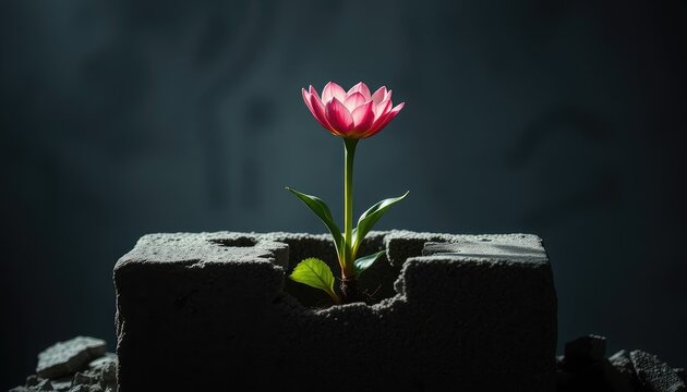 Blooming flower from the middle of a broken concrete block, symbolizing rebirth and natural strength, cinematic lighting