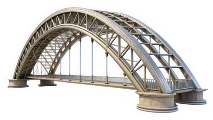 A stunning modern arch bridge showcasing intricate steel design, illuminated with soft lighting, set against a clear sky, embodying elegance and engineering excellence.