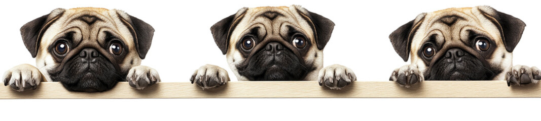 Three Pugs Peeking Over Wooden Sign, Isolated on Transparent Background, Dog, Pets, Funny, Pug, Animals, Advertisement