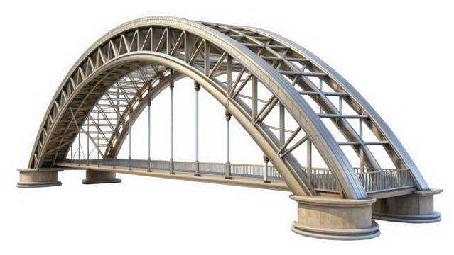 A stunning modern arch bridge showcasing intricate steel design, illuminated with soft lighting, set against a clear sky, embodying elegance and engineering excellence.