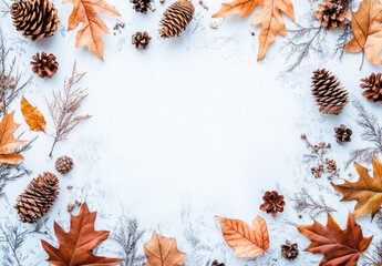Autumnal frame of dried leaves and pine cones on a light background