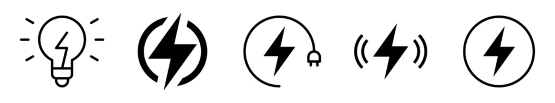 Conjunto de iconos de energ&iacute;a renovable y carga el&eacute;ctrica. Electricidad limpia, iluminaci&oacute;n eficiente, flujo de energ&iacute;a, potencia continua, sostenibilidad. Ilustraci&oacute;n vectorial