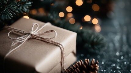 A beautifully wrapped Christmas gift with a rustic touch, set against a blurred background of festive lights, embodying the spirit of giving and holiday joy.