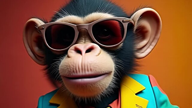 Party-loving monkey character in trendy outfit with arms spread wide on bright yellow background. Perfect animation for marketing campaigns, children's entertainment and digital content
