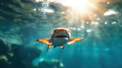 A vibrant shark swims gracefully underwater, surrounded by sparkling rays of sunlight, showcasing the beauty and mystery of marine life in its natural habitat.