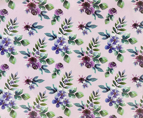 Close up of purple rose flowers with leaves illustration with light purple background. Floral and...