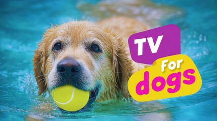 Golden retriever swimming with tennis ball	