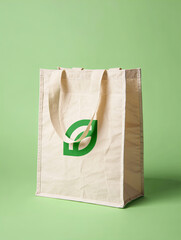 Eco-Friendly Reusable Shopping Bag with Green Leaf Logo on Light Green Background – Sustainable Grocery Concept