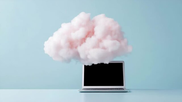 Laptop with pink cloud above on blue background, creative concept