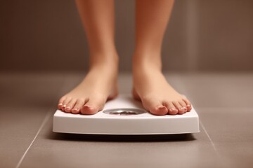 Fototapeta premium Feet on Bathroom Scale Closeup 