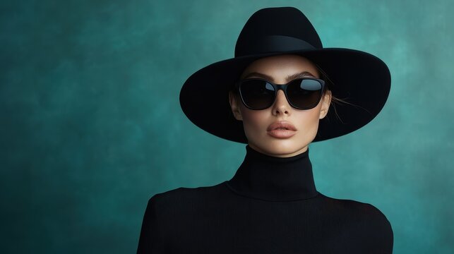 A striking portrait of a fashionable woman wearing dark sunglasses and a black hat, embodying elegance and mystery against a vibrant backdrop.