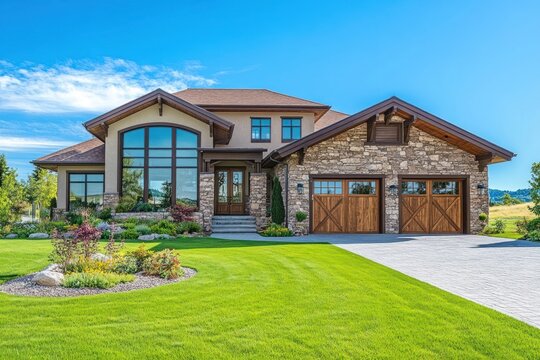 Beautiful luxury house lawn architecture exterior. - Powered by Adobe