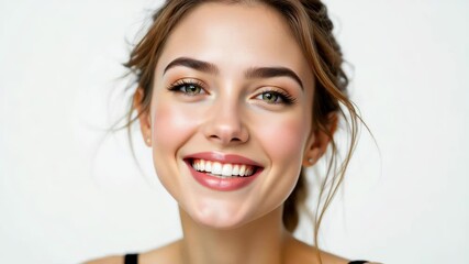 Happy young woman with smooth skin and bright smile on white background - Powered by Adobe