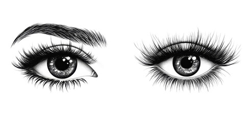 Fototapeta premium Two Glamorous Eyes with Dramatic Lashes, Pencil Sketch Style, Isolated on Transparent Background, Beauty, Fashion Illustration, Eyelashes, Makeup, Eyes