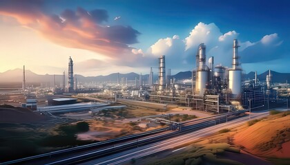 Industrial Complex During Sunset with Smokestacks and Machinery