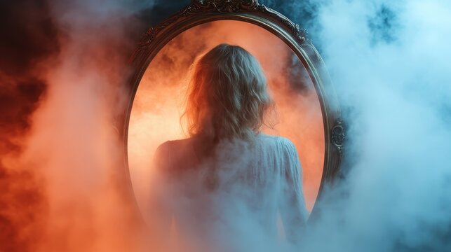 A solitary figure with long hair stands before an antique mirror veiled in swirling fog, creating an eerie atmosphere filled with mystery and introspection. - Powered by Adobe