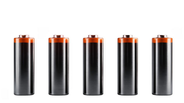 Five batteries with progressively increasing charge levels are displayed against a transparent background, offering a visual representation of charging or power status