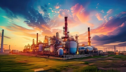 Industrial Complex with Colorful Sky at Sunset Over Equipment
