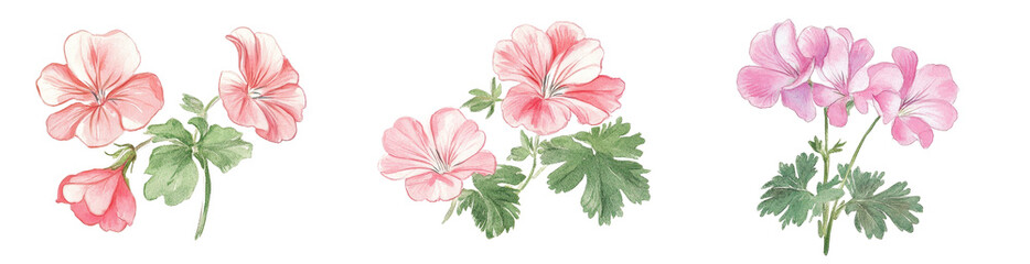 Obraz premium Watercolor Geranium Flowers, Four Stems, Isolated on Transparent Background, Botanical Illustration, Floral Design, Geranium, Watercolor, Floral