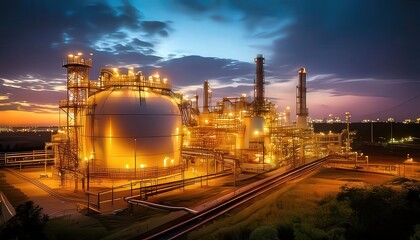Illuminated Industrial Plant at Dusk with Dramatic Sky Colors