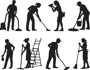 Naklejka premium Cleaning service workers diverse tasks silhouettes