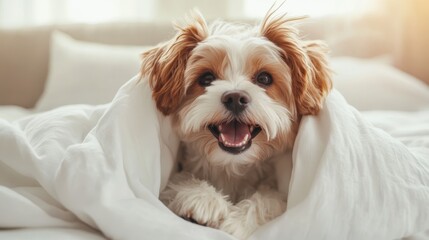 A fluffy dog peeks out from a cozy blanket, radiating warmth and happiness, perfect for capturing the bond between pets and their humans during quiet moments indoors.