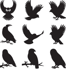 Fototapeta premium Nine black silhouettes of various birds in flight and resting