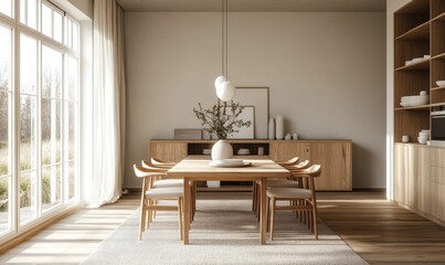 Fototapeta premium Bright dining room with wooden table chairs and sideboard under pendant lights and large windows