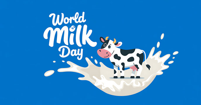 world milk day Banner, happy cow, milk splash, dairy celebration banner