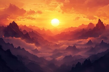 Fiery sunset over mountain ranges shrouded in mist