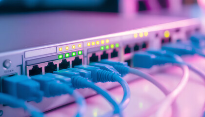 Close-Up of Cisco Network Switch with Blue Ethernet Cables Connected