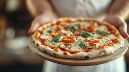 An artisan pizza freshly baked and topped with vibrant ingredients, exuding a mouthwatering aroma that embodies culinary artistry and the love of shared meals with friends.