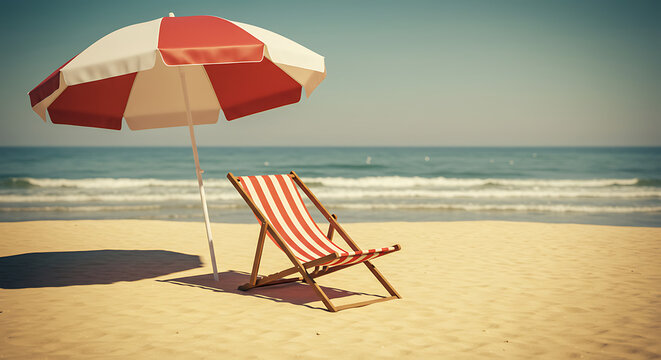 Relaxing Beach Scene Red and White Striped Beach Chair and Umbrella on Sandy Shore