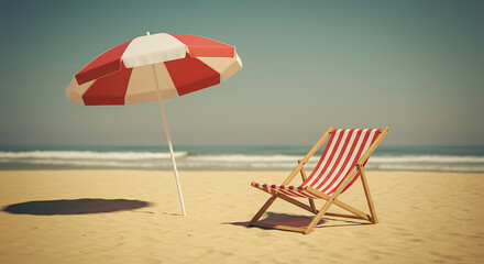 Relaxing Beach Scene Red and White Striped Beach Chair and Umbrella on Sandy Shore
