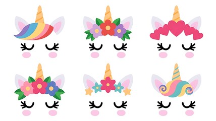 Set of six adorable unicorn faces with floral crowns and rainbow hair designs
