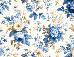 Fototapeta premium Detailed floral pattern in blue and cream