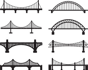 Different types of bridges black silhouettes set