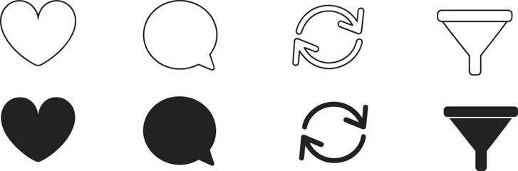 Black and White Vector Icons Set – Heart, Chat Bubble, Refresh Arrows, and Funnel – Perfect for UI and Web Design