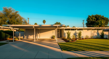 Obraz premium Mid Century Modern Home With Carport In Warm Evening Sunlight