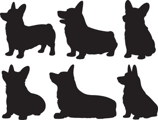 Six silhouettes of adorable welsh corgi dogs