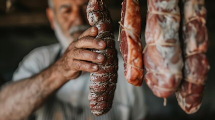 An aged artisan holding traditional cured meats, captured in a rustic setting that reflects cultural heritage and artisanal craftsmanship in food preparation.