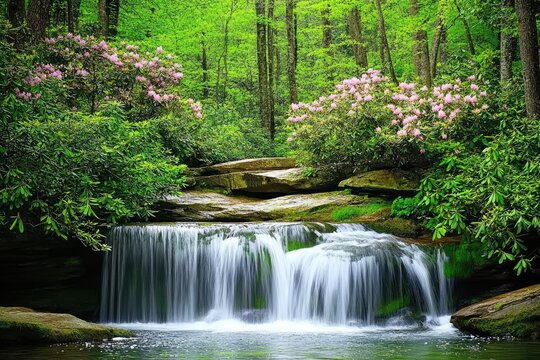Lush forest waterfall cascading over mossy rocks, with vibrant pink rhododendron blooms